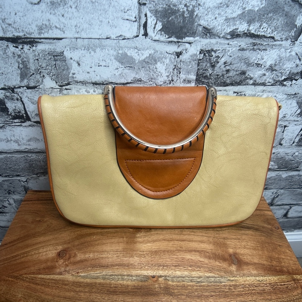 EUC Elegant Tan and Brown Women's Handbag with Gold Shoulder Chain Attachment